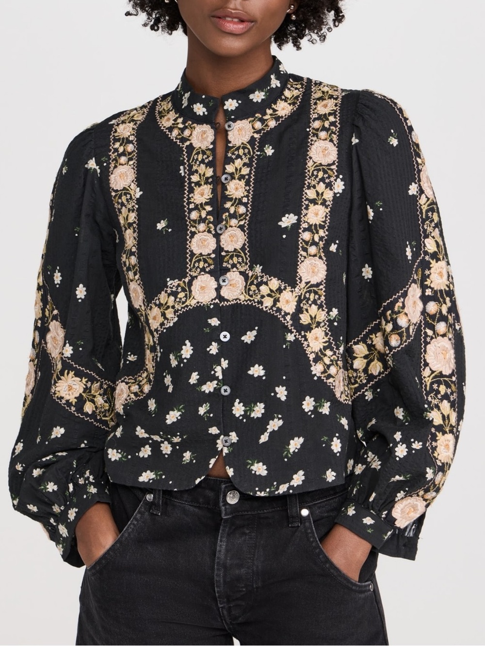 Sea New York Floral Embroidered Puff Sleeve Blouse Black Size S